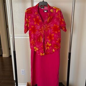Vibrant Floral Midi Dress in Pink and Orange